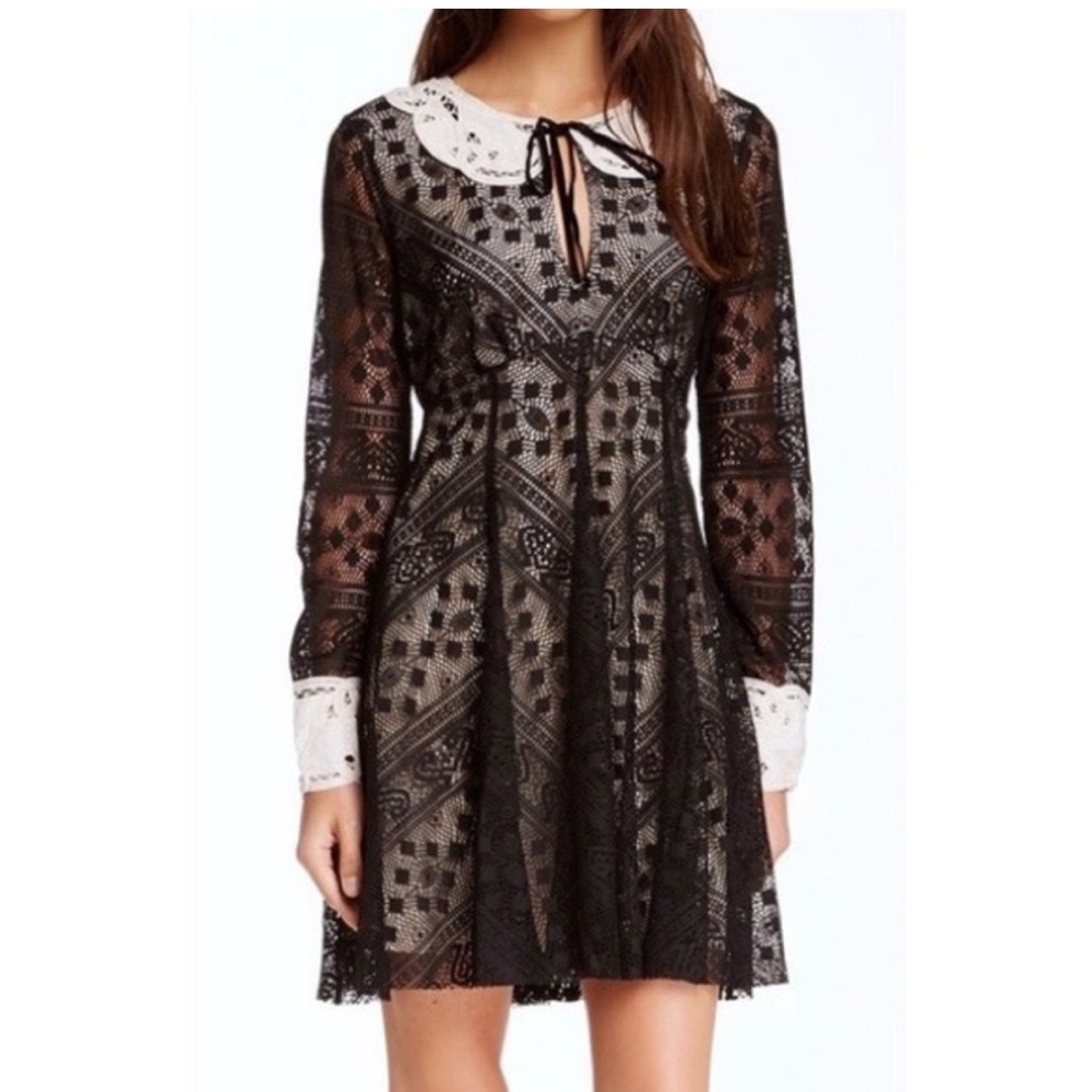 Free People Black Talk the Talk Peter Pan Fit and Flare Lace Dress